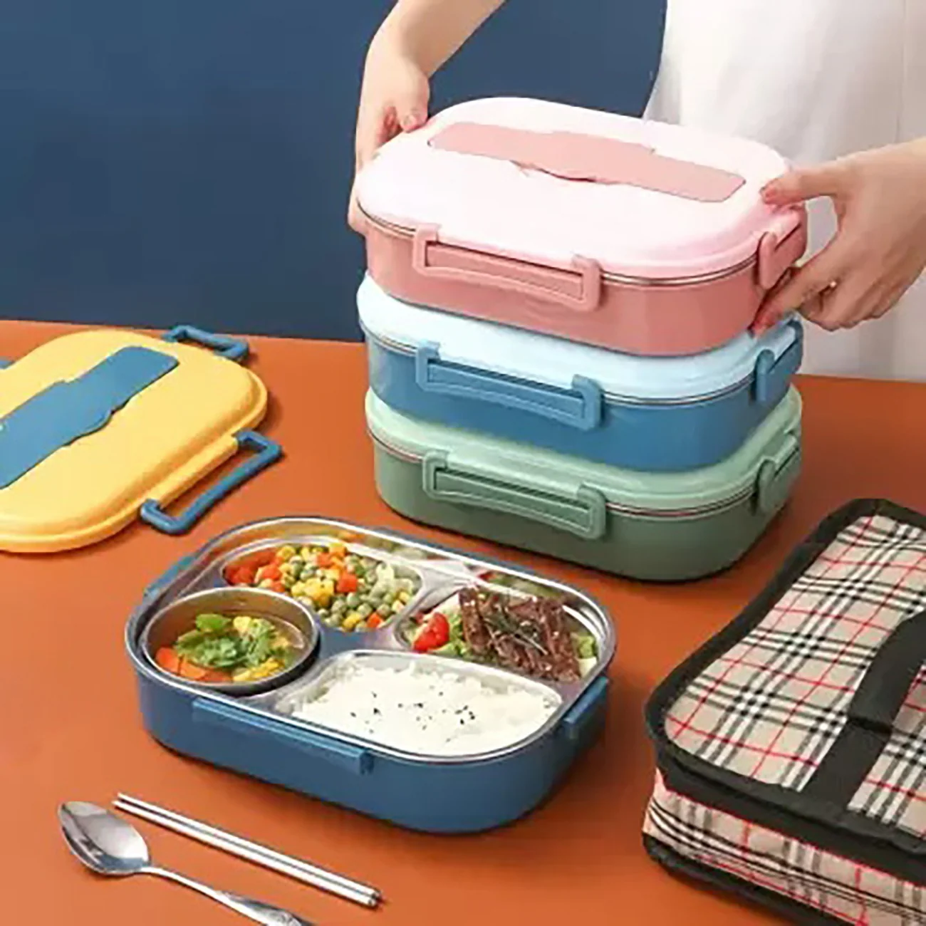 4 Compartment Stainless Steel Lunch Box with Spoon & Chopsticks - Image 3