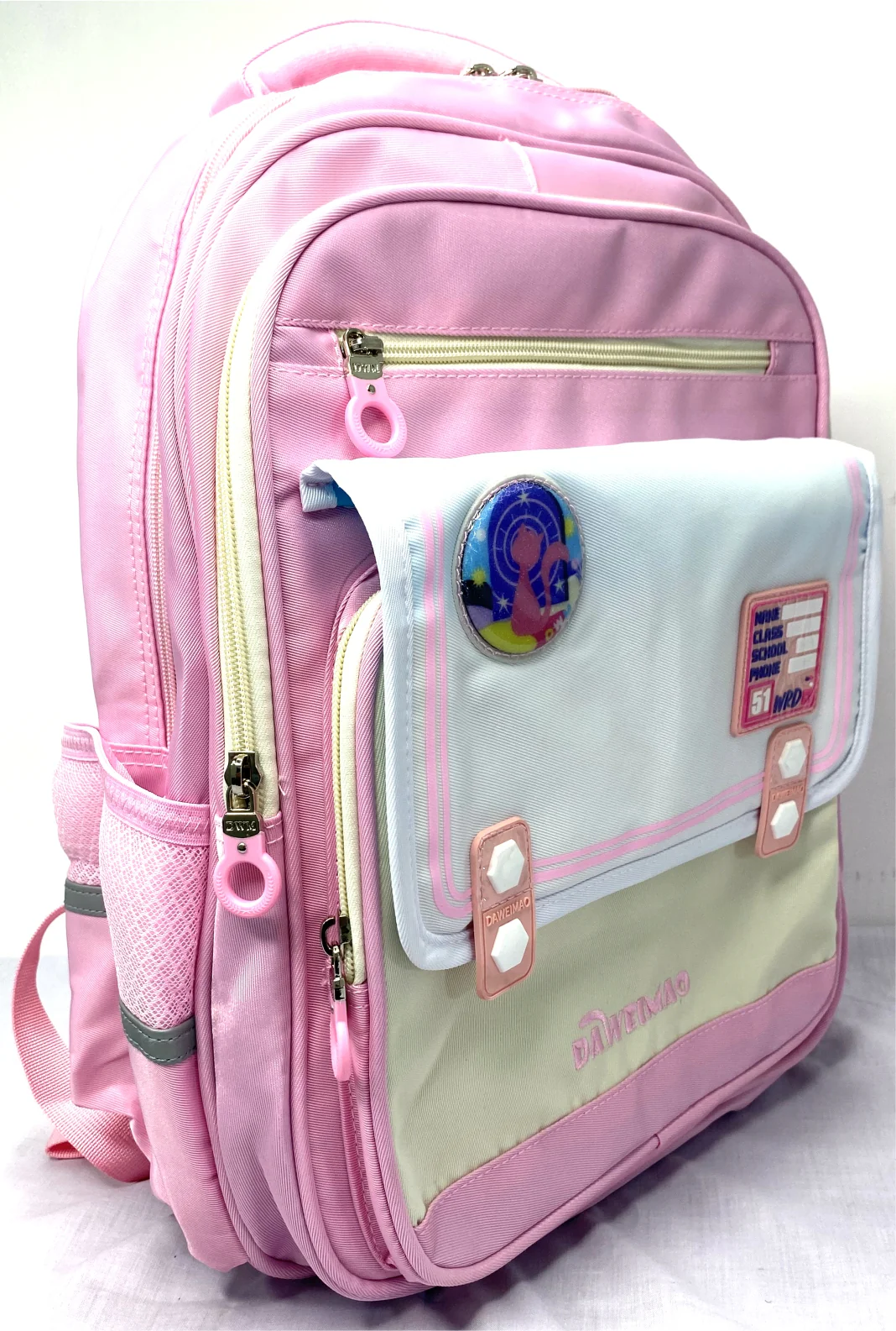 Cute Pink and White School Backpack with Cartoon Badge - Durable and Stylish - Image 3
