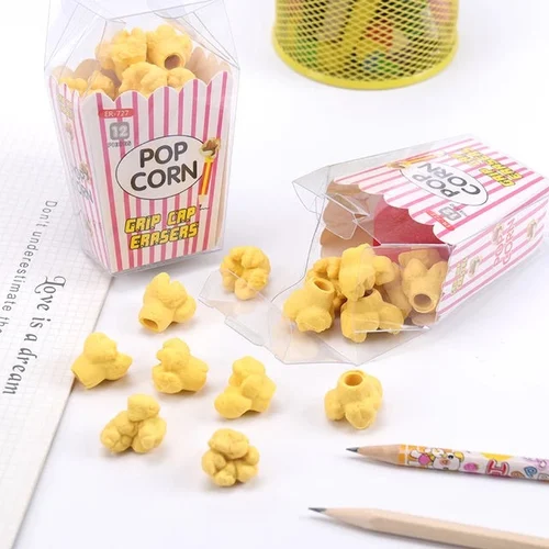 Cute Popcorn Shape Grip Cap Pencil Erasers Pack of 12 - Image 3