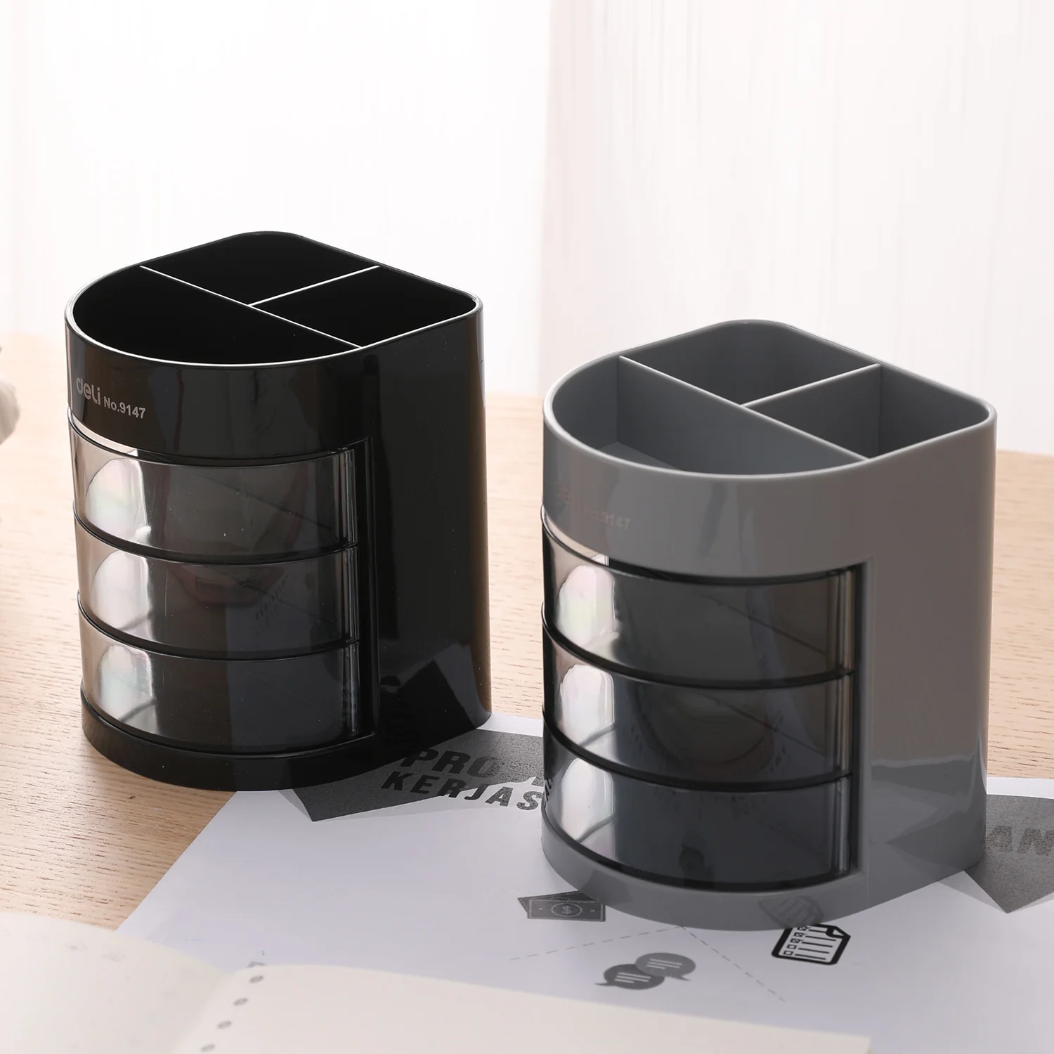 Deli Pen Stand & Desk Organizer 3 Drawers E9147 - Image 2