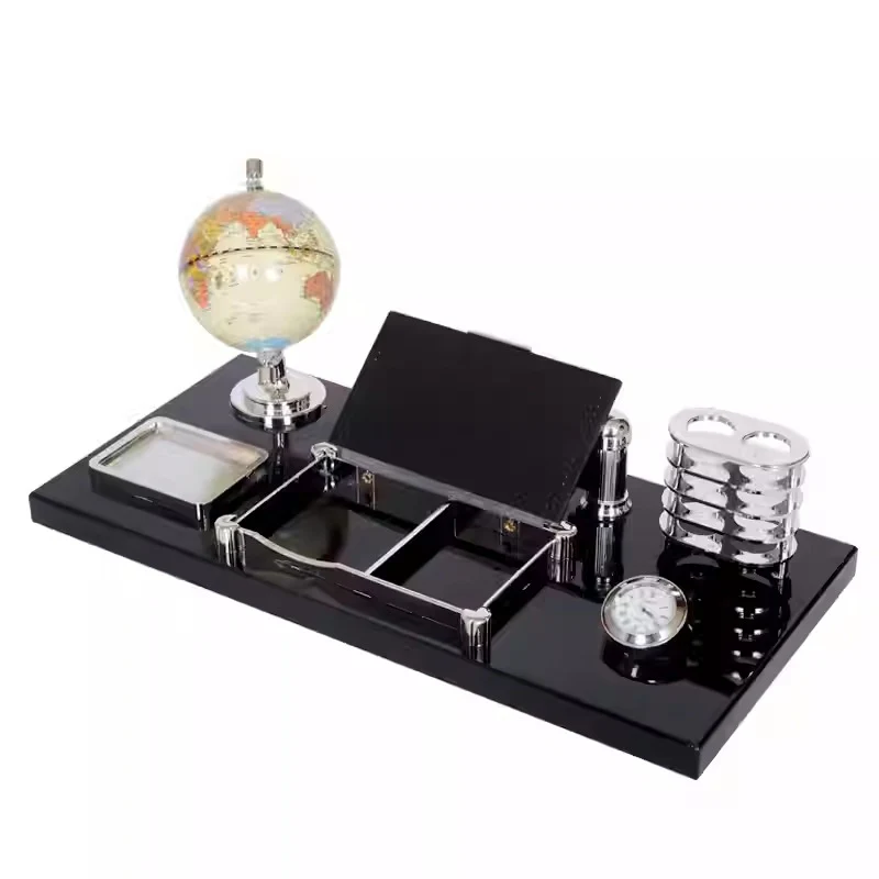 Elegant Black & Silver Executive Desk Organizer Set with Globe, Pen Holders, Card & Note Tray - Image 2