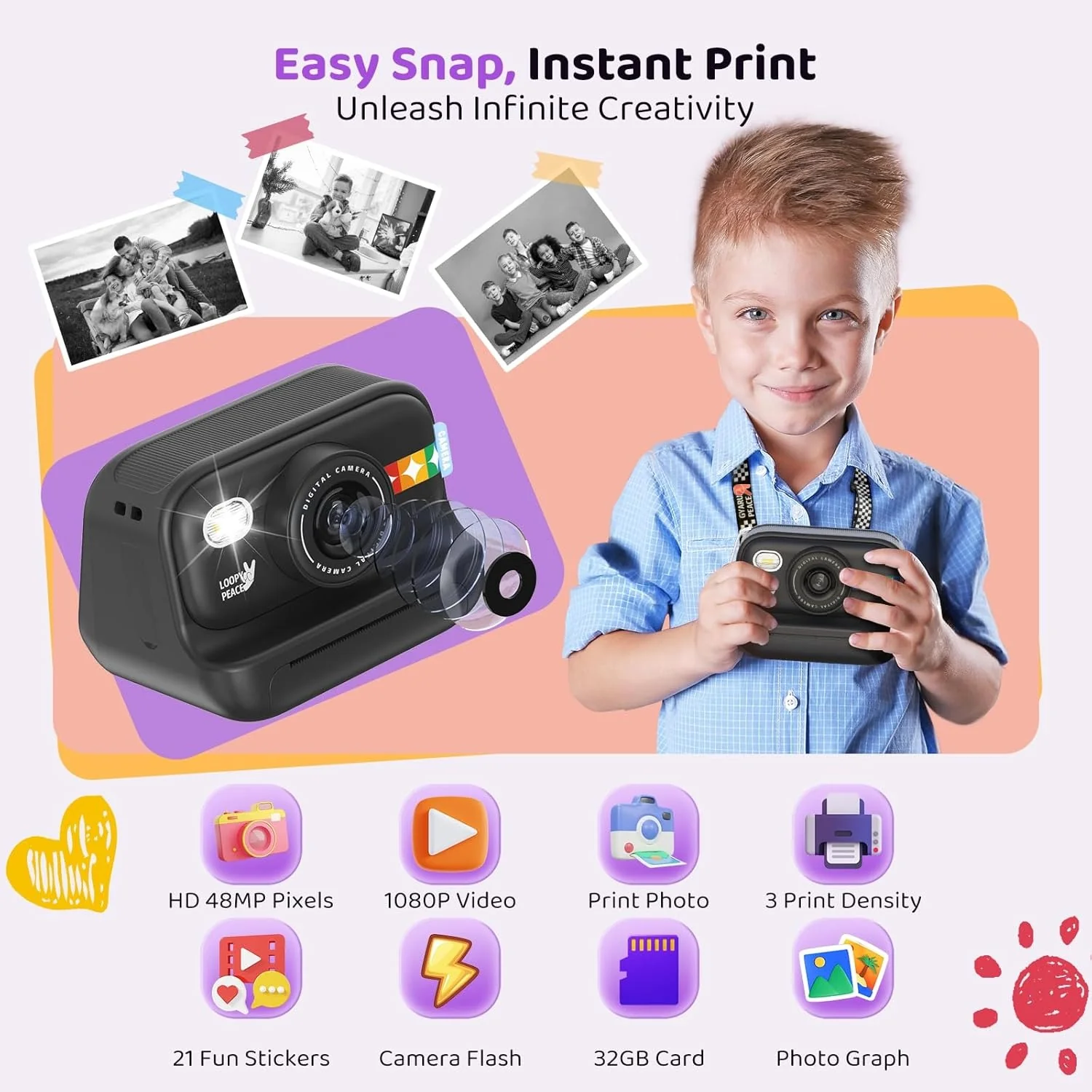 Instant Print Camera for Kids, Birthday Gifts for Girls and Boys Ages 3-12 - 1080P Video Camera for Kids, Gift Ideas for Boys Ages 3 4 5 6 7 8 9 10 11 12 -(Black) - Image 7