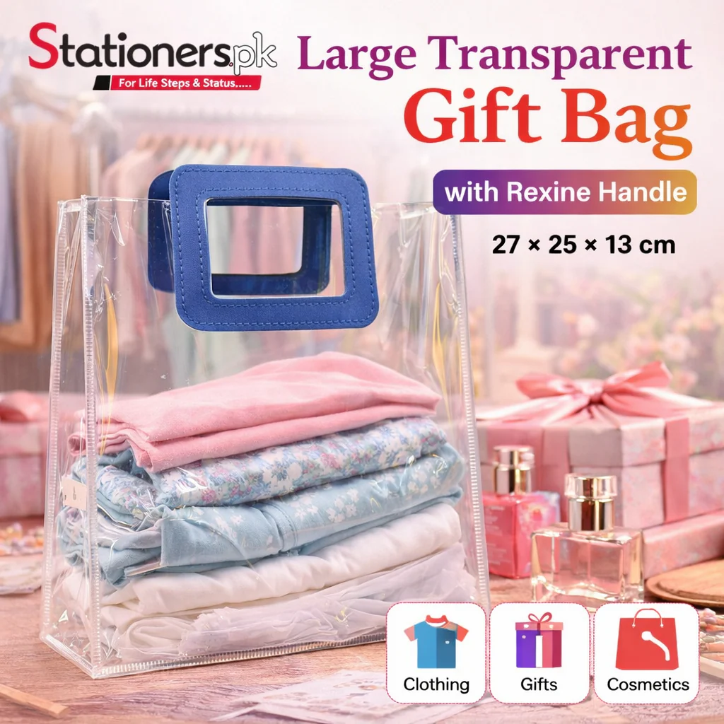 Large Transparent Gift Bag with Rexine Handle – Premium Clear Plastic Gift Packing Bag (27×25×13 cm) for Clothing, Gifts, Cosmetics & Retail Packaging 1pc - Image 2