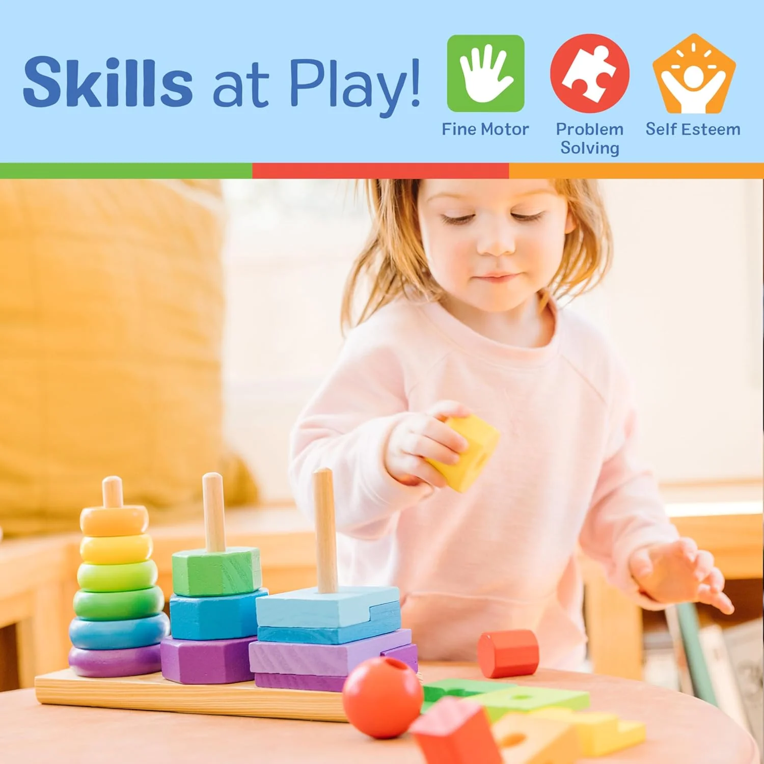 Melissa & Doug Geometric Wooden Toy Stacker, Multicolor, 3+ months Pack of 25 Pcs - Image 3