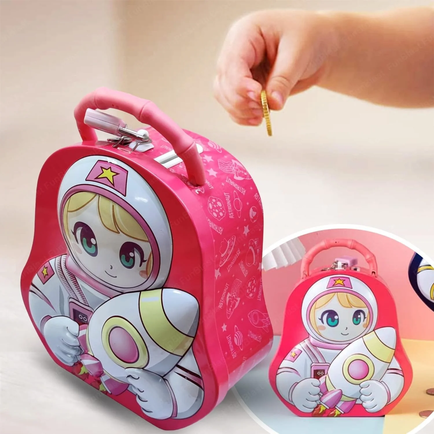 QUEEN BEE Space Metal Coin Box for Kids with Lock and Key - Birthday Return Gift - Image 3