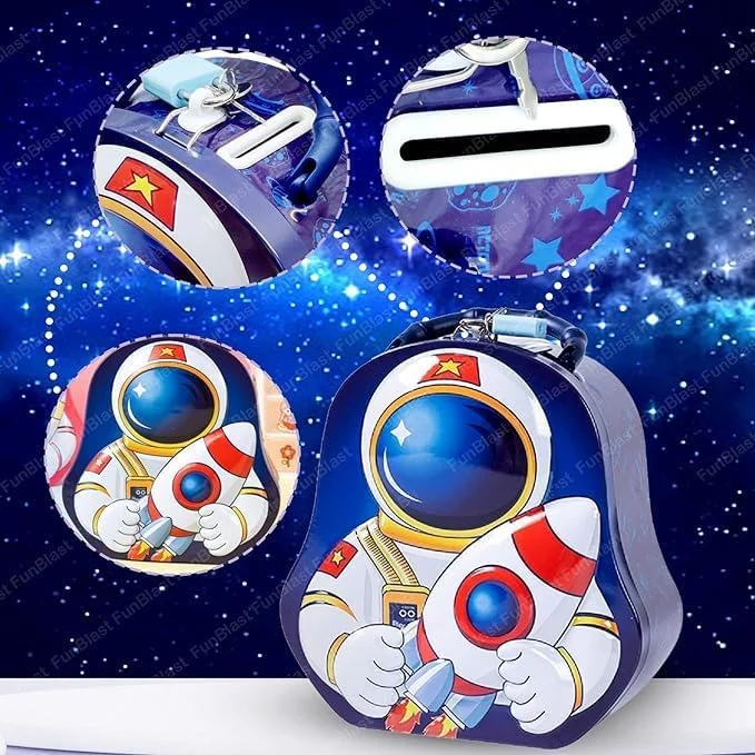 QUEEN BEE Space Metal Coin Box for Kids with Lock and Key - Birthday Return Gift - Image 4